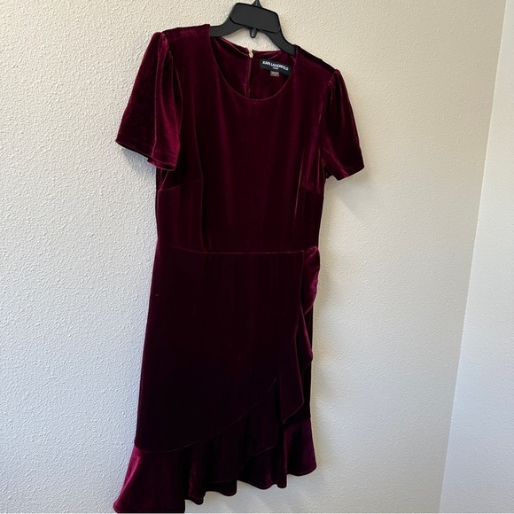 Karl Lagerfeld Velour Velvet Ruffle Hem Red Sheath Dress Sz 8 - Picture 8 of 14